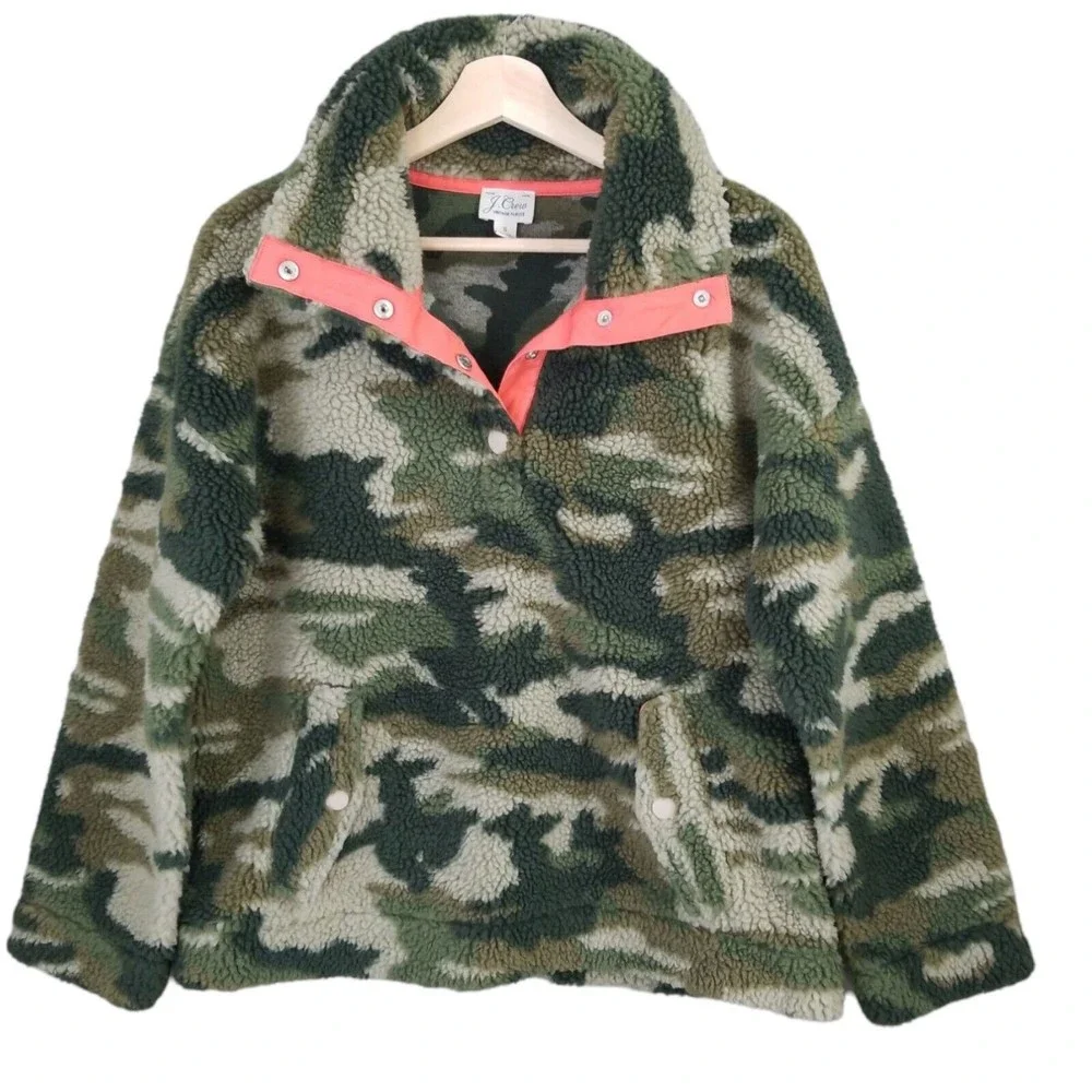 J.CREW Teddy Sherpa Fleece Camo Pullover Jacket Neon Coral Snap Collar Small